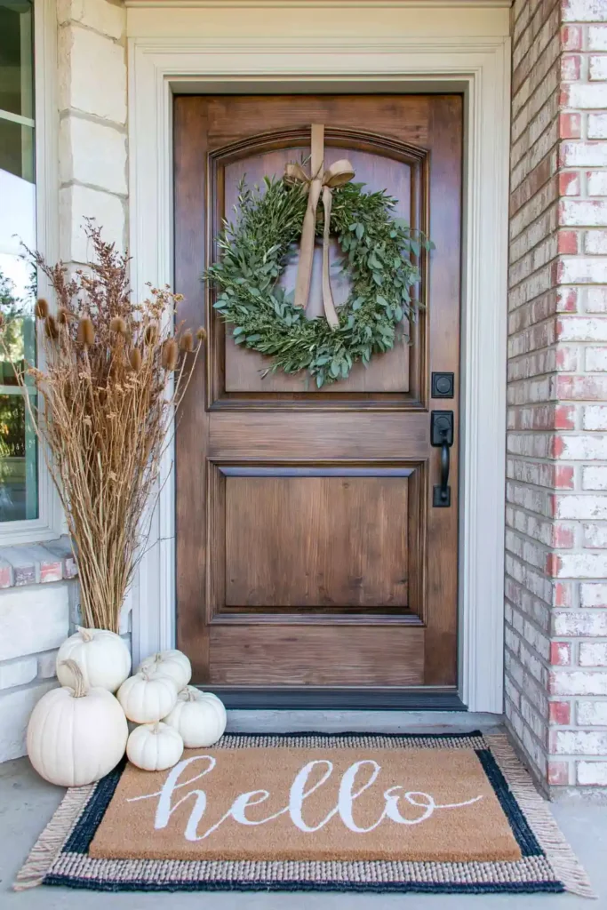 Asymmetrical neutral porch display with white pumpkins, dried stems, wreath, and layered doormat.