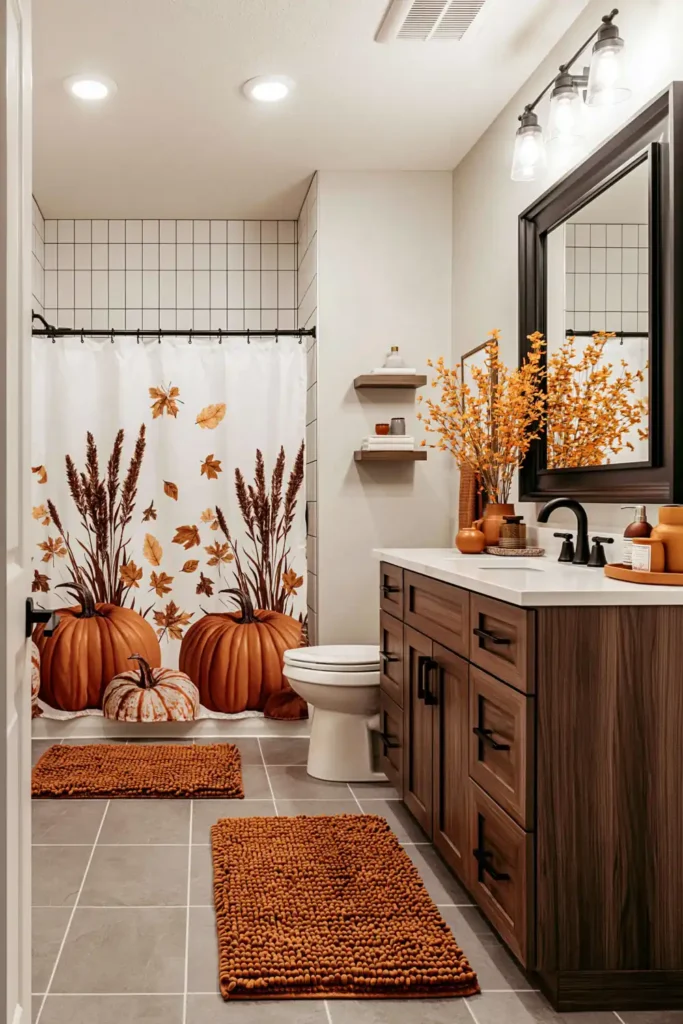 18 Cozy Fall Bathroom Decor Ideas for a Warm Seasonal Refresh 9 Fall bathroom refresh with a pumpkin shower curtain, burnt-orange bath mats, dark wood vanity, black fixtures, and warm accessories.