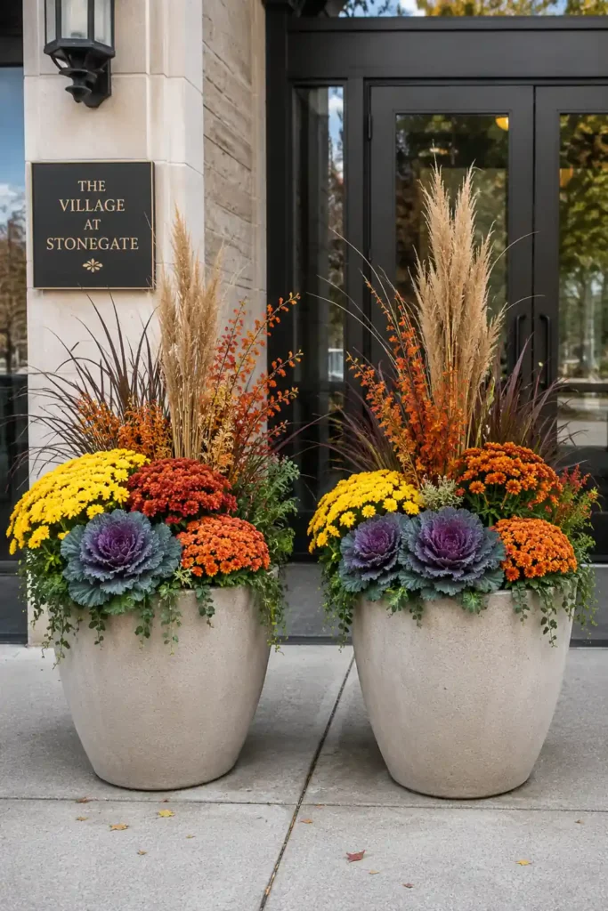 Rustic Fall Planters for the Front Porch That Bring Warm Autumn Charm 14 Fall planter display with two large pale planters filled with orange mums, yellow mums, ornamental kale, grasses, and spiky stems.