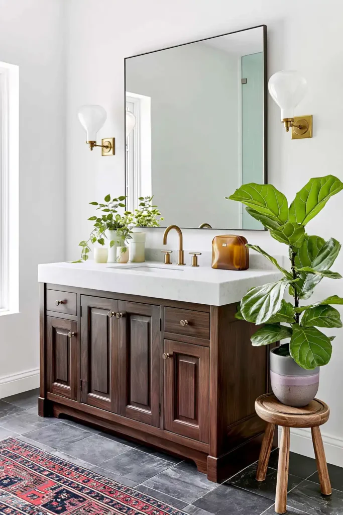 11 Spa-Inspired Bathroom Ideas on a Budget for a Calm, Restful Space 2 Dark walnut bathroom vanity styled with leafy houseplants, brass fixtures, a stone countertop, and a patterned runner.