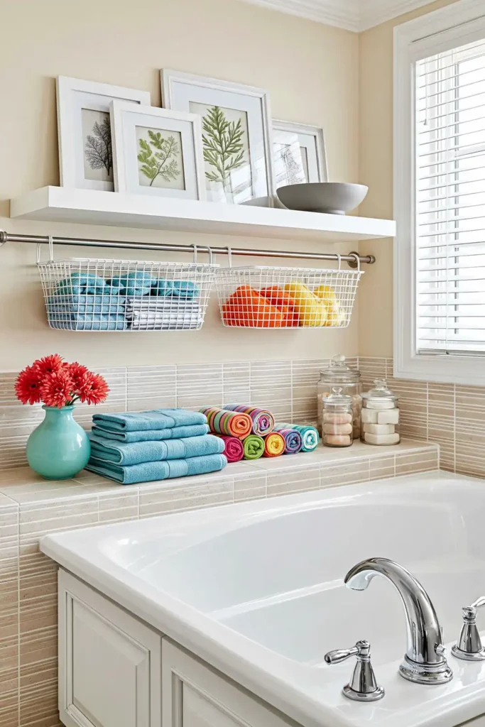 18 Small Bathroom Storage Ideas for a More Organized Space 12 Bathtub storage with wire baskets, folded towels, botanical art, and glass jars for bath supplies.