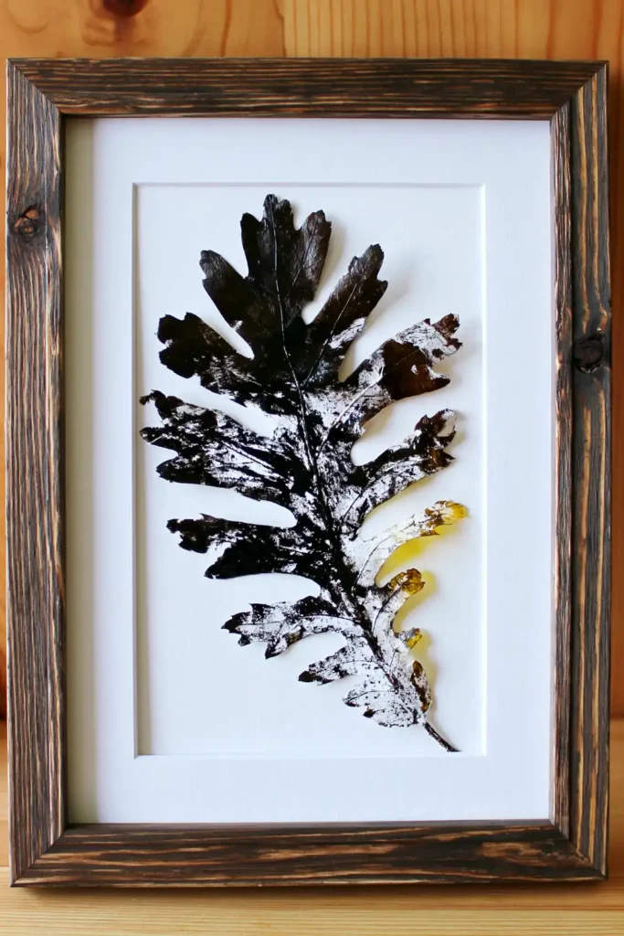 Black and white fall leaf print art displayed in a simple dark wooden frame.