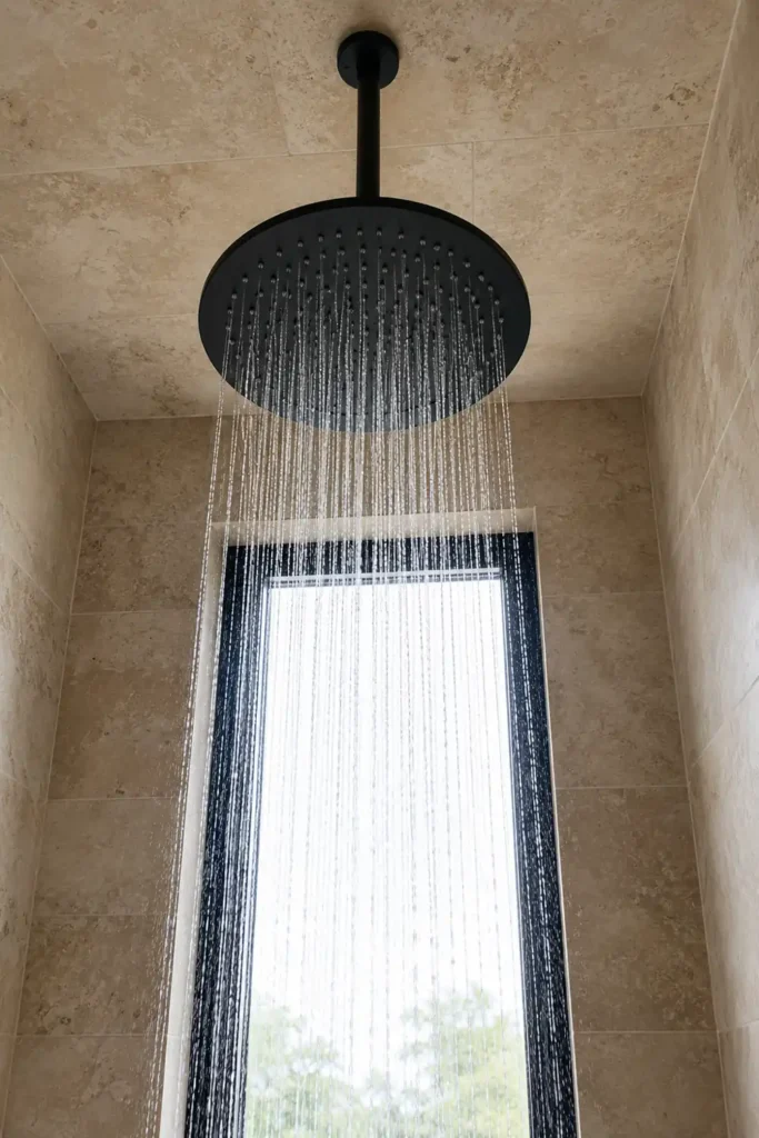 11 Spa-Inspired Bathroom Ideas on a Budget for a Calm, Restful Space 5 Black rain showerhead with falling water, beige stone tile, and a bright backlit bathroom window.