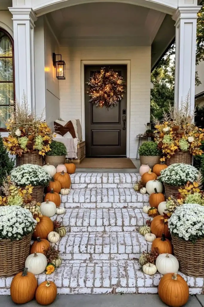Rustic Fall Planters for the Front Porch That Bring Warm Autumn Charm 25 Neutral black and white fall porch planters with white pumpkins, mums, baskets, and a dark front door.