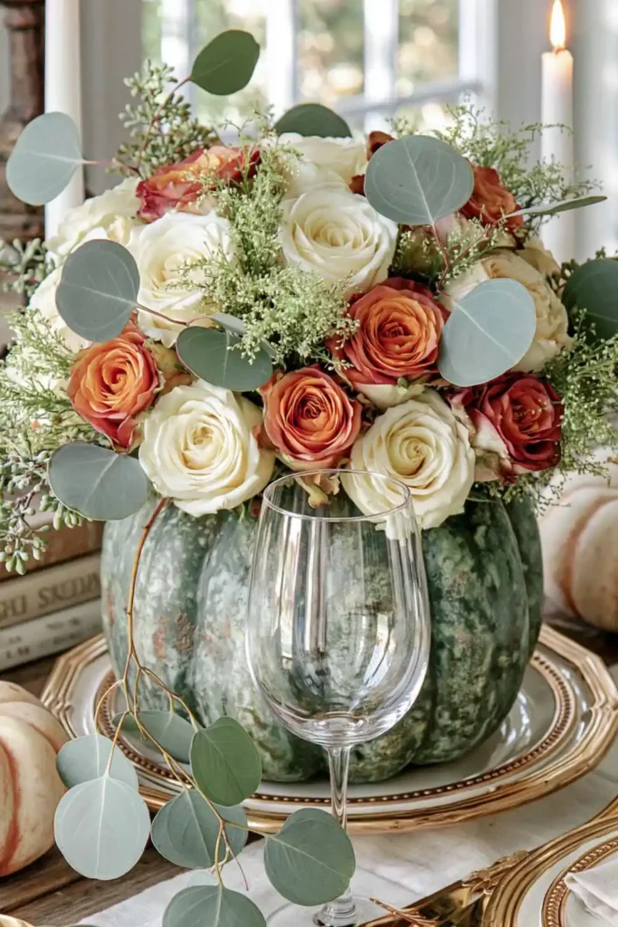 31 Fall Table Decor Ideas for Entertaining in a Warm, Seasonal Style 28 Blue-green pumpkin flower arrangement with coral and ivory roses, eucalyptus, gold cutlery, and a lit taper candle.