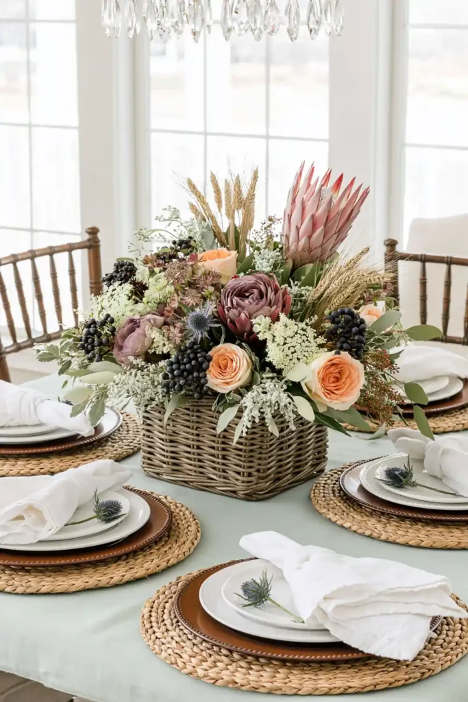 31 Fall Table Decor Ideas for Entertaining in a Warm, Seasonal Style 22 Blue and mauve fall tablescape with peach roses, blue thistle, berries, woven placemats, and white place settings.