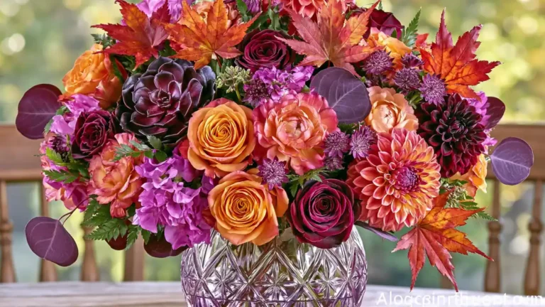 Bold Purple Fall Centerpiece Ideas for a Rich Seasonal Table 17 Colorful fall centerpiece with orange roses, dark red blooms, pink flowers, eucalyptus leaves, and red-orange maple foliage in a patterned glass vase.