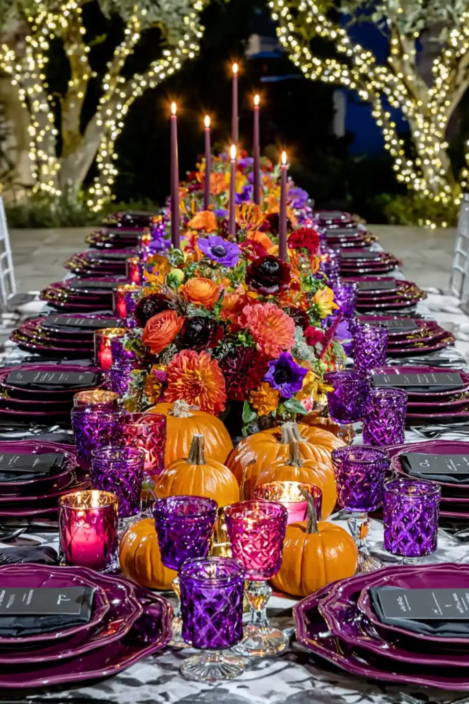 Bold Purple Fall Centerpiece Ideas for a Rich Seasonal Table 3 Purple fall tablescape at dusk with deep-purple plates, textured glass votives, taper candles, orange pumpkins, colorful flowers, and warm string lights.