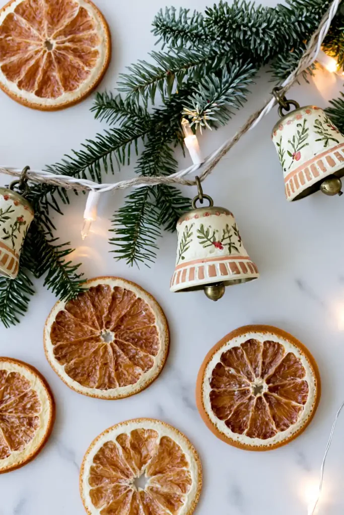 Brass bell garland styled with evergreen branches, dried orange slices, and warm fairy lights.