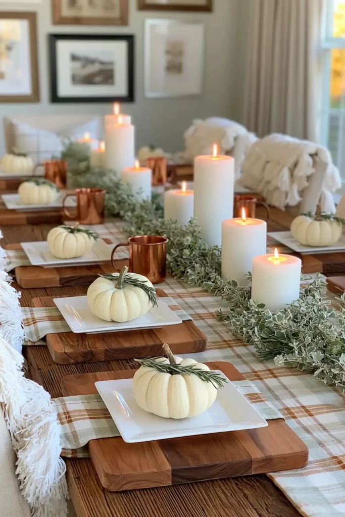 31 Fall Table Decor Ideas for Entertaining in a Warm, Seasonal Style 12 Rustic fall table with breadboard chargers, white pumpkins, rosemary sprigs, copper mugs, pillar candles, and leafy herbs.