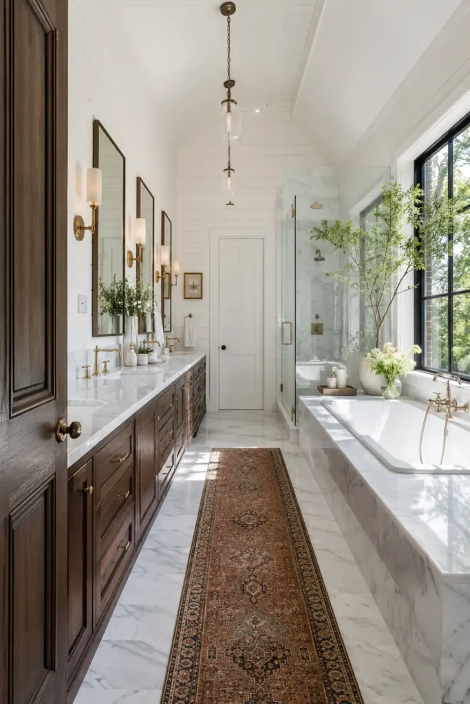 11 Spa-Inspired Bathroom Ideas on a Budget for a Calm, Restful Space 9 Bright bathroom with tall mirrors, brass sconces, marble surfaces, black-framed windows, polished fixtures, and reflected daylight.