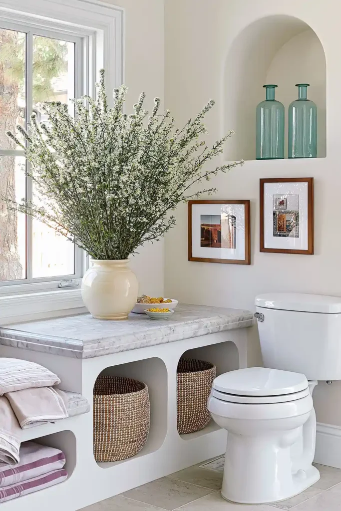 18 Small Bathroom Storage Ideas for a More Organized Space 16 Built-in bathroom bench with woven storage baskets, folded towels, and a marble-look window seat.