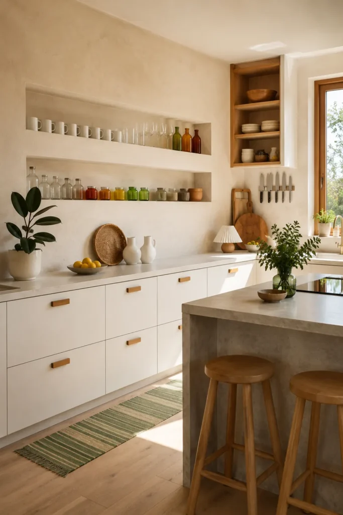 14 Open Kitchen Shelving Ideas for Practical, Stylish Storage 15 Minimalist kitchen with recessed concrete-style shelves, white mugs, colorful jars, wood cabinetry, and a gray island.