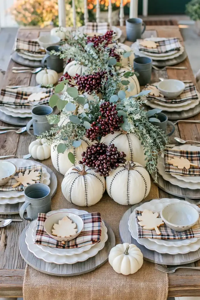 31 Fall Table Decor Ideas for Entertaining in a Warm, Seasonal Style 10 Overhead farmhouse fall table with a burlap runner, cream fabric pumpkins, eucalyptus, plaid napkins, and wood-look chargers.