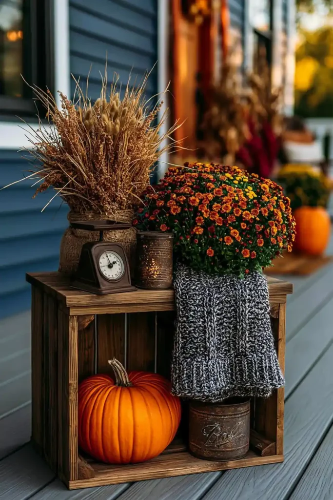 Rustic Fall Planters for the Front Porch That Bring Warm Autumn Charm 26 Rustic fall display with a wooden crate, orange pumpkin, dried straw texture, small metal scale, and weathered metal can.