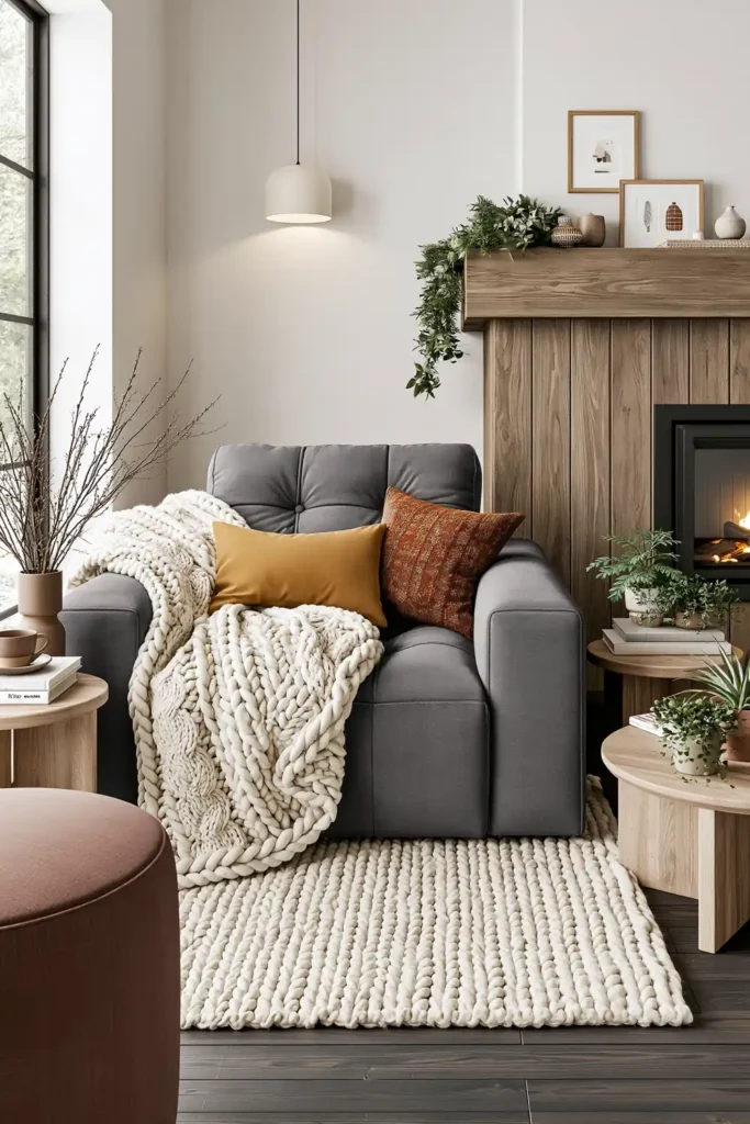 20 Comfortable Living Room Ideas for Small Spaces That Feel Warm and Open 12 Cozy living room corner with a tufted gray chair, cable-knit blankets, warm pillows, wood tables, and a textured rug.