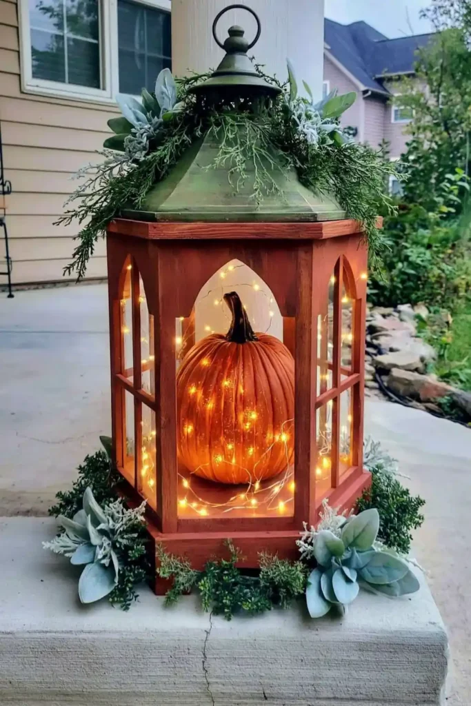 Red autumn lantern with a glowing glass pumpkin, warm string lights, and greenery for cozy bedroom decor