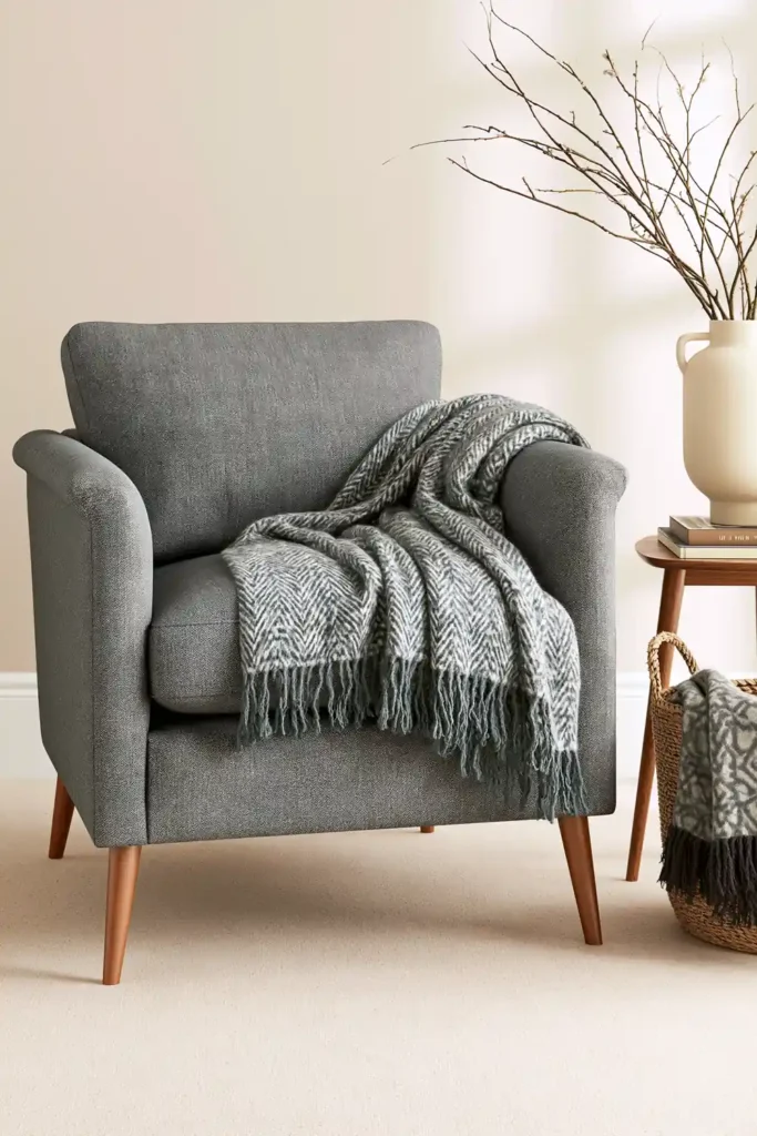 Cozy Bedroom Ideas for Winter: 4 Warm and Inviting Ways to Style Your Space 4 Charcoal armchair layered with a teal herringbone throw beside a basket of blankets, books, and a cream vase with bare branches.