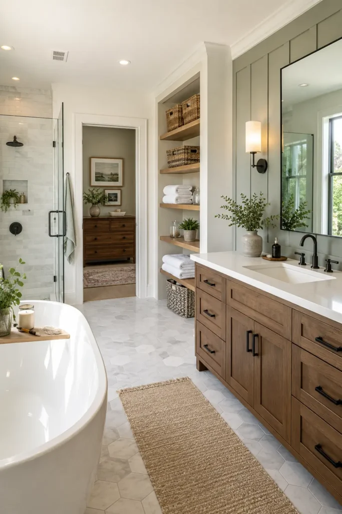 11 Spa-Inspired Bathroom Ideas on a Budget for a Calm, Restful Space 3 Bright bathroom with recessed wood shelves, wicker storage baskets, folded towels, a warm wood vanity, and pale hexagonal tiles.