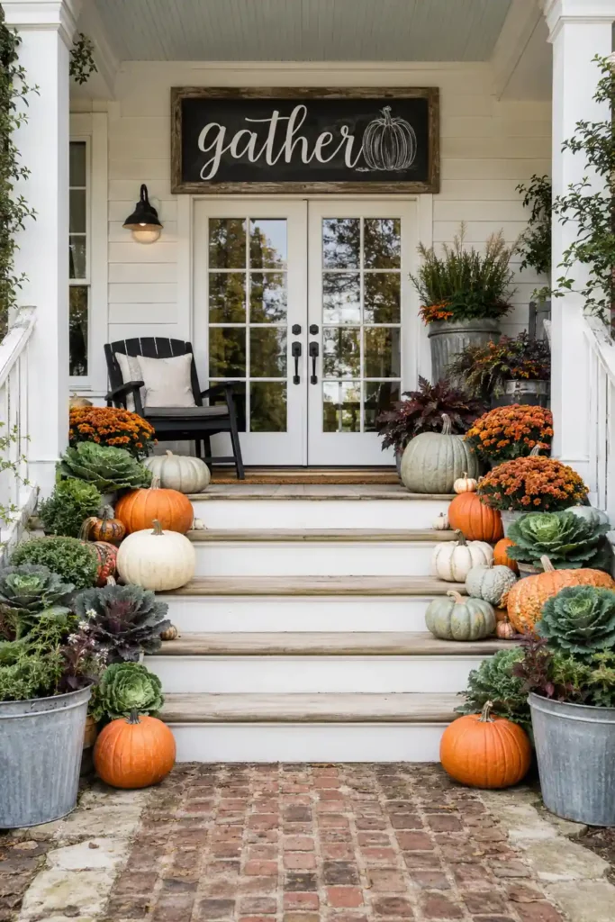Colorful farmhouse fall porch with pumpkins, ornamental cabbage, orange flowers, galvanized containers, and a weathered gather sign.