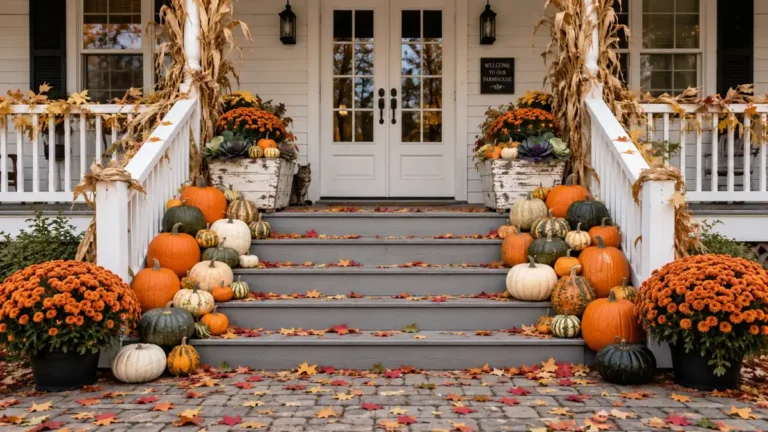 Colorful Farmhouse Fall Porch Decor Ideas for Festive Autumn Style 33 White farmhouse porch with gray steps, colorful pumpkins, orange mums, dried corn stalks, and scattered fall leaves.