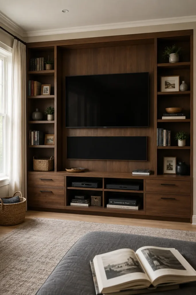 20 Comfortable Living Room Ideas for Small Spaces That Feel Warm and Open 16 Walnut media storage unit with a mounted TV, drawers, shelves, baskets, books, and organized living room accessories.