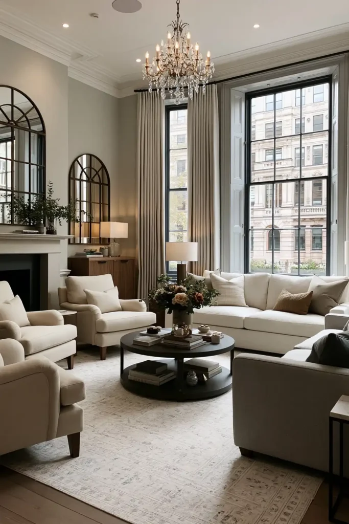 20 Comfortable Living Room Ideas for Small Spaces That Feel Warm and Open 3 Cream armchairs and a pale sofa arranged around a round coffee table in a conversational small living room layout.
