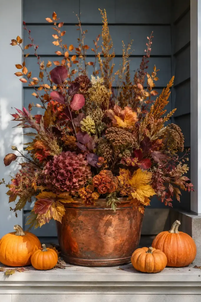Rustic Fall Planters for the Front Porch That Bring Warm Autumn Charm 37 Copper fall planter filled with rust, burgundy, amber, and gold autumn florals, dried foliage, and small pumpkins.