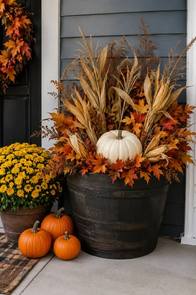 Rustic Fall Planters for the Front Porch That Bring Warm Autumn Charm 9 Corn husk fall planter with orange leaves, a white pumpkin accent, yellow mums, and small pumpkins on a porch.