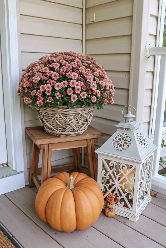 Small porch corner with orange mums, a pumpkin, and lantern for neutral Halloween front porch decor.