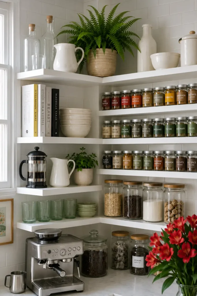 14 Open Kitchen Shelving Ideas for Practical, Stylish Storage 8 White corner kitchen shelves with spice jars, glassware, a fern, and a silver espresso machine.