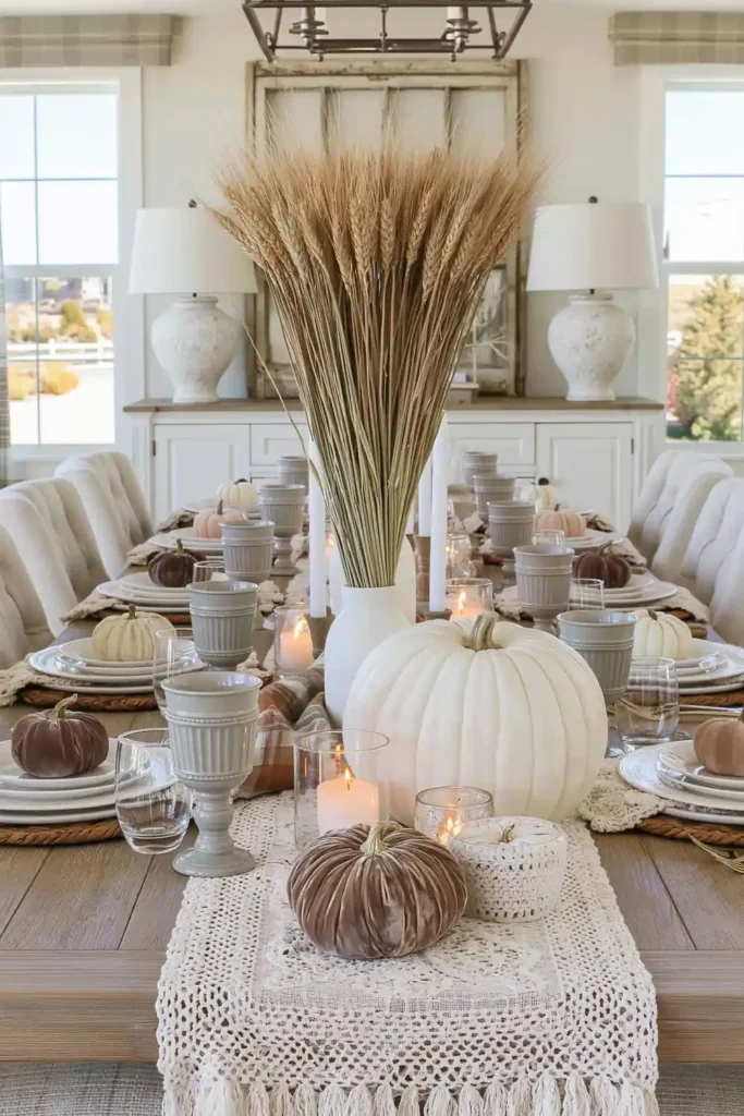 31 Fall Table Decor Ideas for Entertaining in a Warm, Seasonal Style 24 Country harvest table with dried wheat, lace textiles, white pumpkins, candles, gray goblets, and velvet pumpkins.