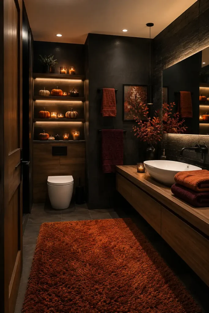 18 Cozy Fall Bathroom Decor Ideas for a Warm Seasonal Refresh 6 Dark contemporary autumn bathroom with glowing candles, warm-toned towels, small pumpkins, a floating wood vanity, and an orange rug.
