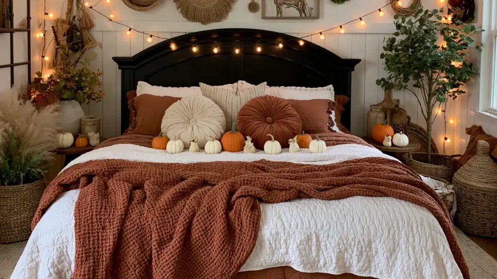 Cozy autumn bedroom with layered bedding, rust-orange blanket, seasonal pillows, pumpkins, and warm string lights