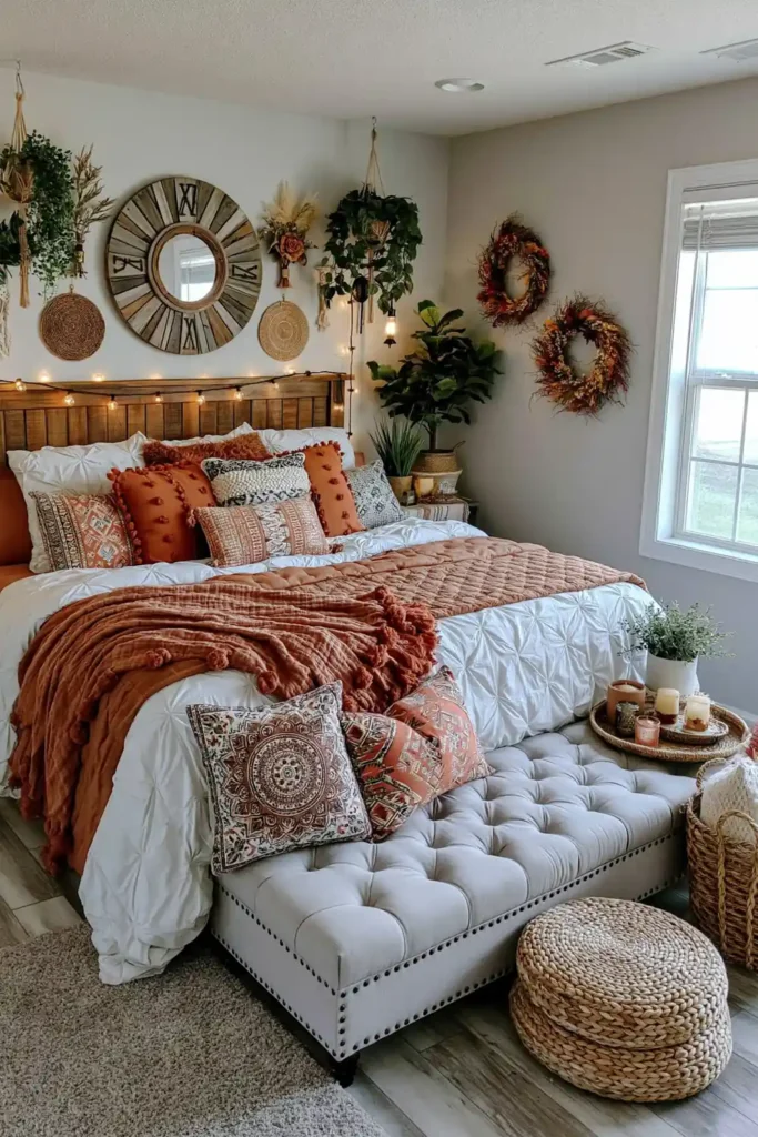 Cozy autumn bedroom with layered white and brown bedding, soft throws, patterned pillows, and natural woven textures