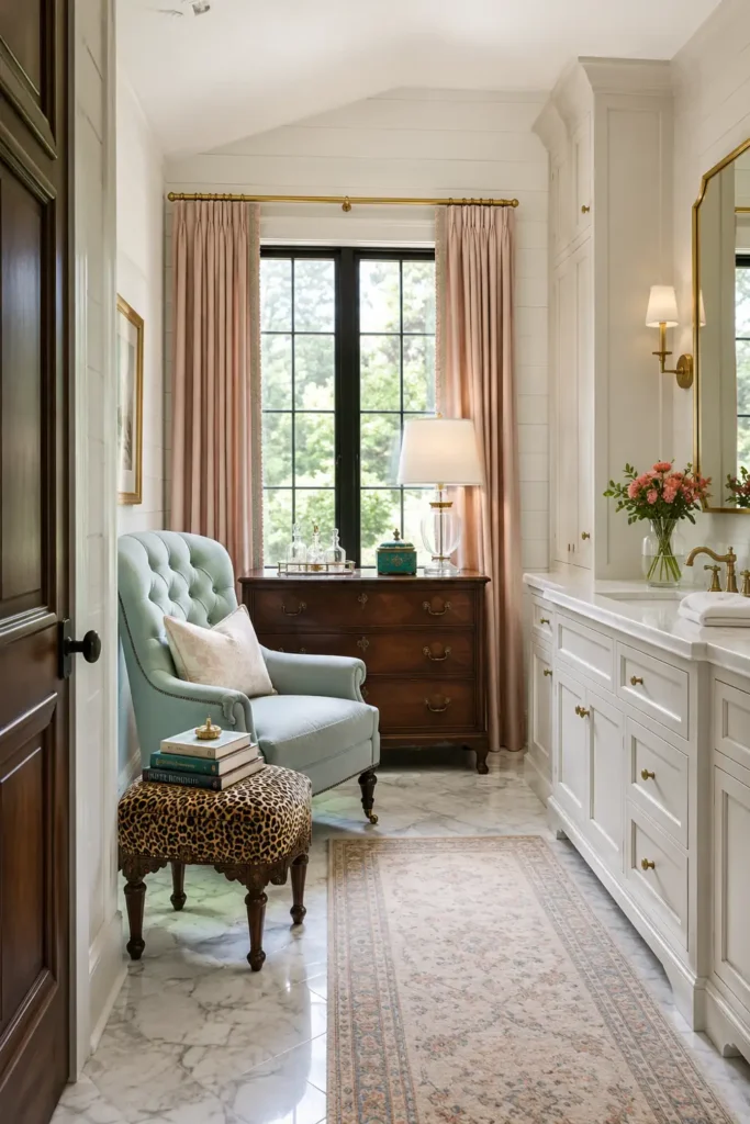 11 Spa-Inspired Bathroom Ideas on a Budget for a Calm, Restful Space 12 Cozy bathroom seating area with a pale blue tufted chair, patterned stool, blush curtains, wood chest, and white vanity.
