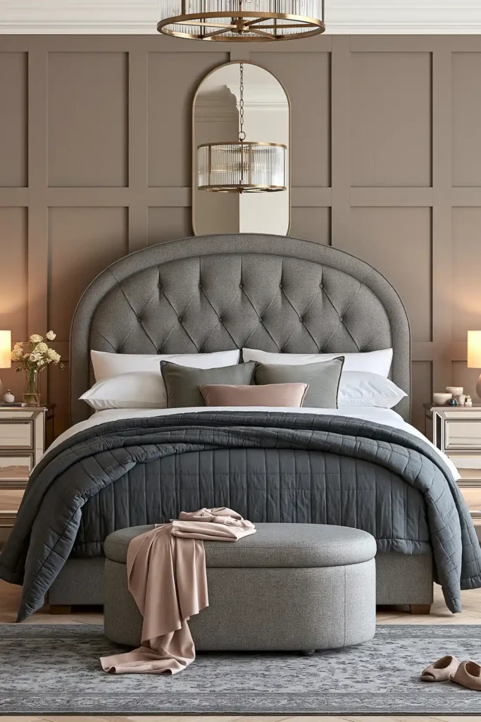 Cozy Bedroom Ideas for Winter: 4 Warm and Inviting Ways to Style Your Space 5 Cozy evening bedroom with a tufted charcoal bed, warm bedside lamps, mirrored chests, gray quilt, blush accents, and a brass chandelier.