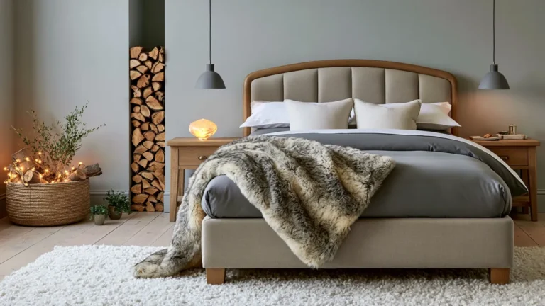 Cozy Bedroom Ideas for Winter: 4 Warm and Inviting Ways to Style Your Space 37 Cozy winter bedroom with a taupe upholstered bed, faux-fur throw, stacked firewood, warm lights, potted plants, and a white shag rug.