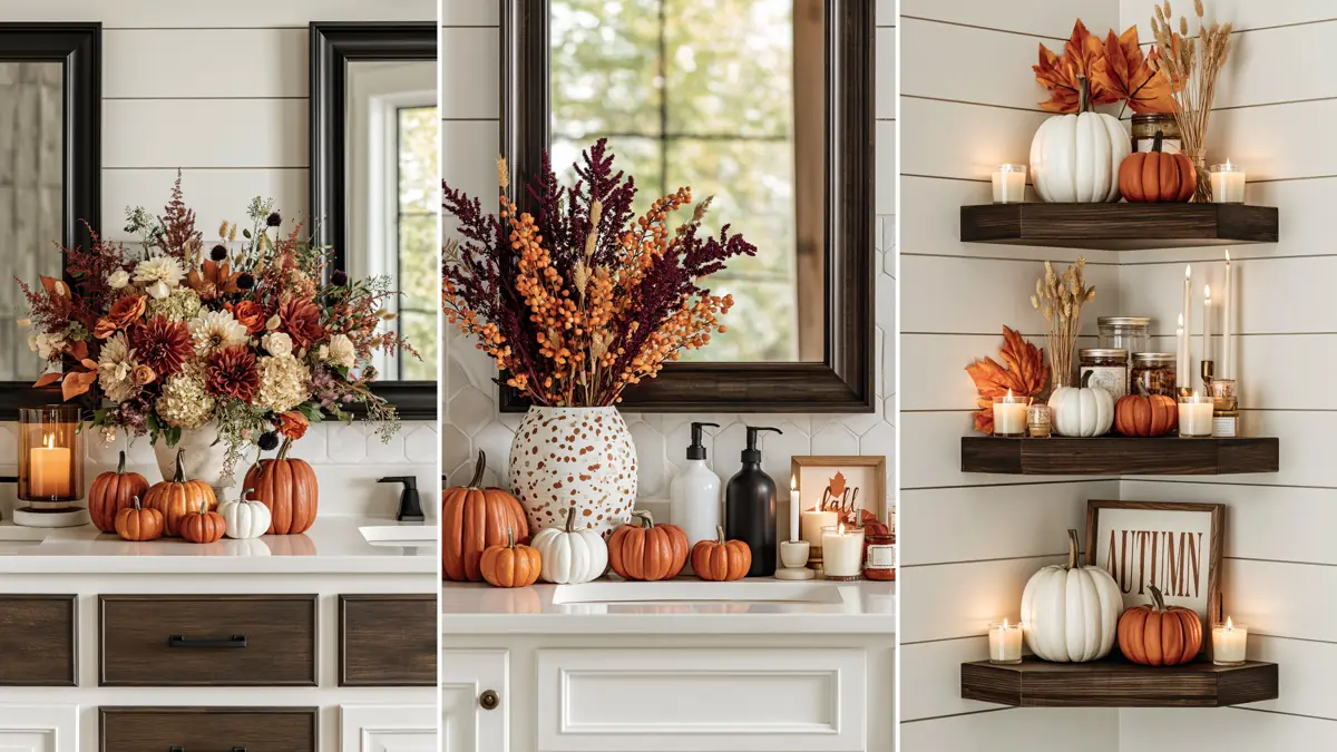 18 Cozy Fall Bathroom Decor Ideas for a Warm Seasonal Refresh 1 Three-panel collage of cozy fall bathroom decor with pumpkins, autumn florals, candles, dark wood shelves, and white vanities.