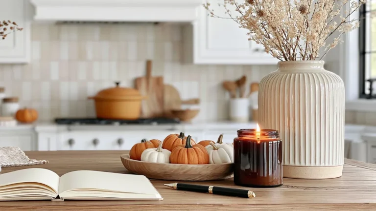 6 Cozy Fall Kitchen Decorating Ideas for a Warm Seasonal Look 26 Warm fall kitchen with small pumpkins, an amber candle, dried branches, and an open notebook on a wooden countertop.