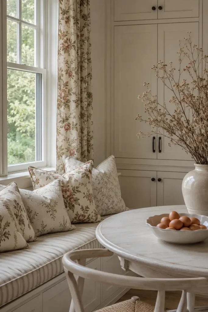 6 Cozy Fall Kitchen Decorating Ideas for a Warm Seasonal Look 5 Kitchen breakfast nook with striped seating, floral pillows, matching curtains, and a vase of dried branches.