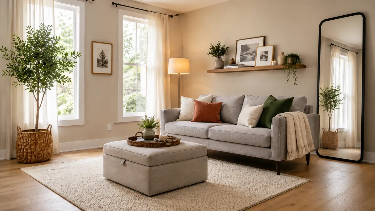 20 Comfortable Living Room Ideas for Small Spaces That Feel Warm and Open 1 Cozy small living room with a gray sofa, storage ottoman, large mirror, sheer curtains, warm lighting, and space-saving decor.