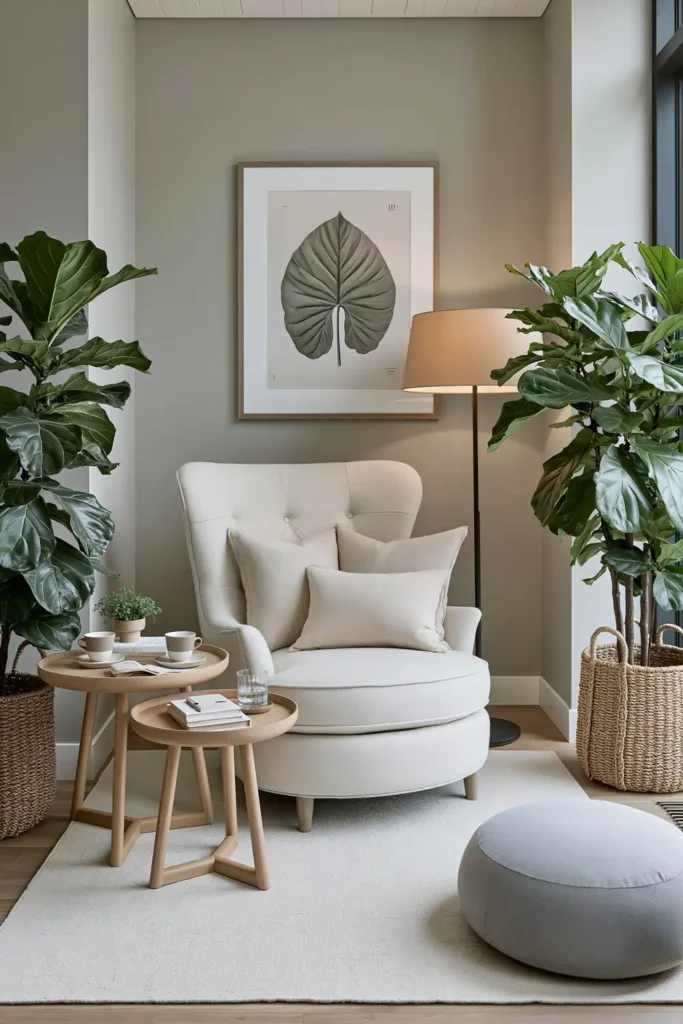 20 Comfortable Living Room Ideas for Small Spaces That Feel Warm and Open 17 Cozy small living room reading nook with a cream armchair, warm floor lamp, round wood tables, books, and leafy plants.