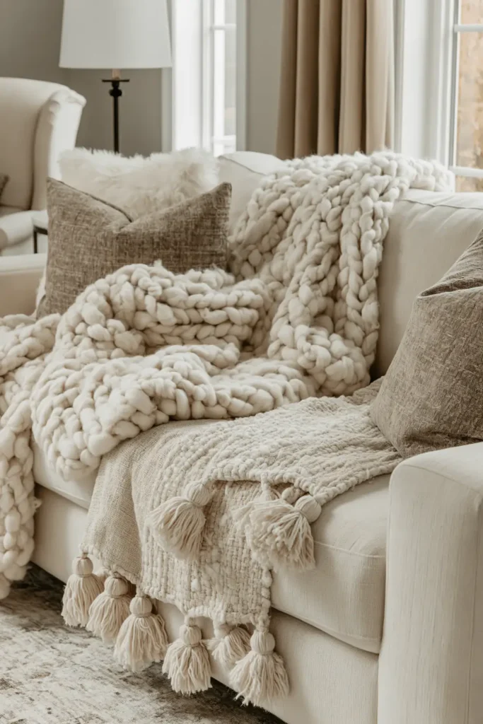 18 Neutral Fall Decor Ideas for a Warm and Cozy Home 8 Cream sofa layered with chunky ivory knitted throws, tasseled blankets, and soft neutral cushions.