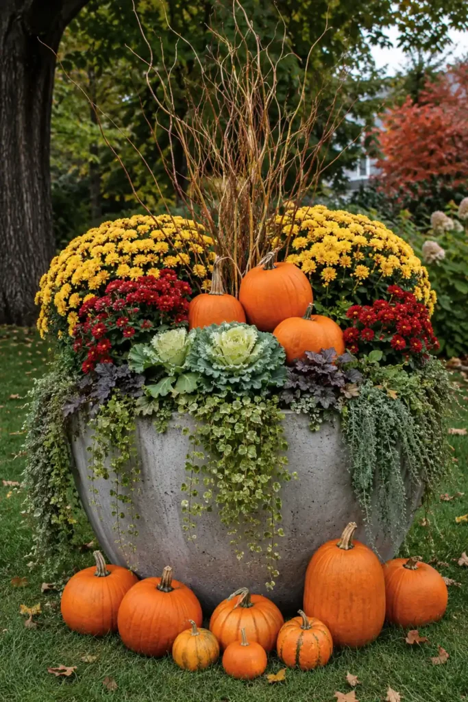 Rustic Fall Planters for the Front Porch That Bring Warm Autumn Charm 8 Creative fall planter with yellow mums, red flowers, ornamental cabbage, trailing greenery, twisting branches, and pumpkins.