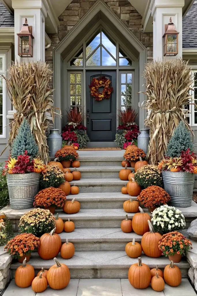 Rustic Fall Planters for the Front Porch That Bring Warm Autumn Charm 21 Cute rustic fall porch planters with orange mums, pumpkins, cornstalks, galvanized metal containers, and layered fall plants.
