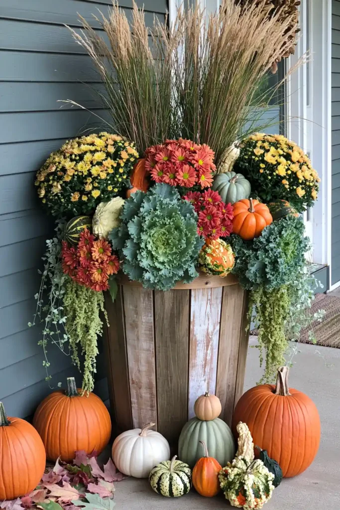Rustic Fall Planters for the Front Porch That Bring Warm Autumn Charm 41 Rustic fall planter with decorative gourds, orange mums, ornamental kale, grasses, trailing greenery, and pumpkins.
