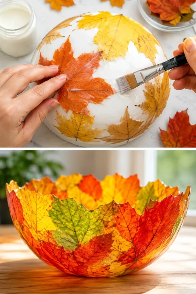 Decoupaged fall leaf bowl made from overlapping translucent autumn leaves in yellow, orange, red, and green.