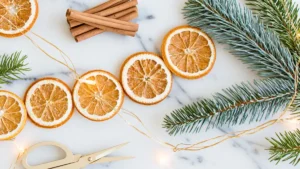 DIY dried orange garland flat-lay with orange slices, cinnamon sticks, evergreen branches, fairy lights, and scissors on white marble.