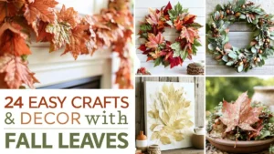 DIY fall leaf crafts decor collage with leaf garland, colorful wreath, leaf art, and rustic autumn arrangement.